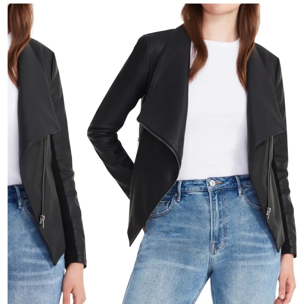NWT BB Dakota black Faux leather asymmetrical drape front jacket size medium